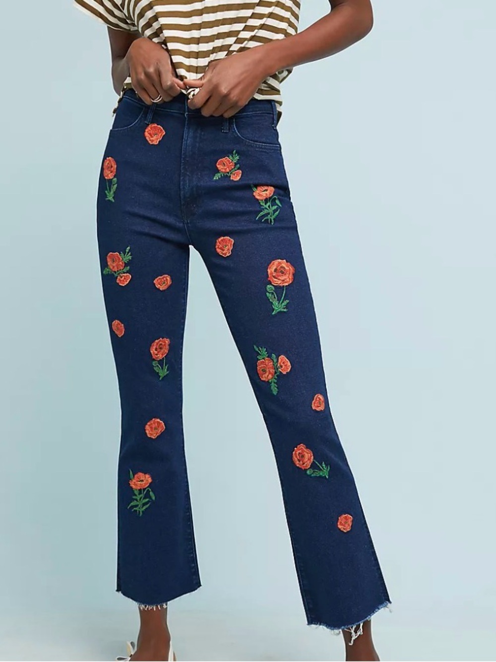 MOTHER The Hustler High-Rise Frayed Ankle Jeans Sz 27 Floral Poppies Embroidered